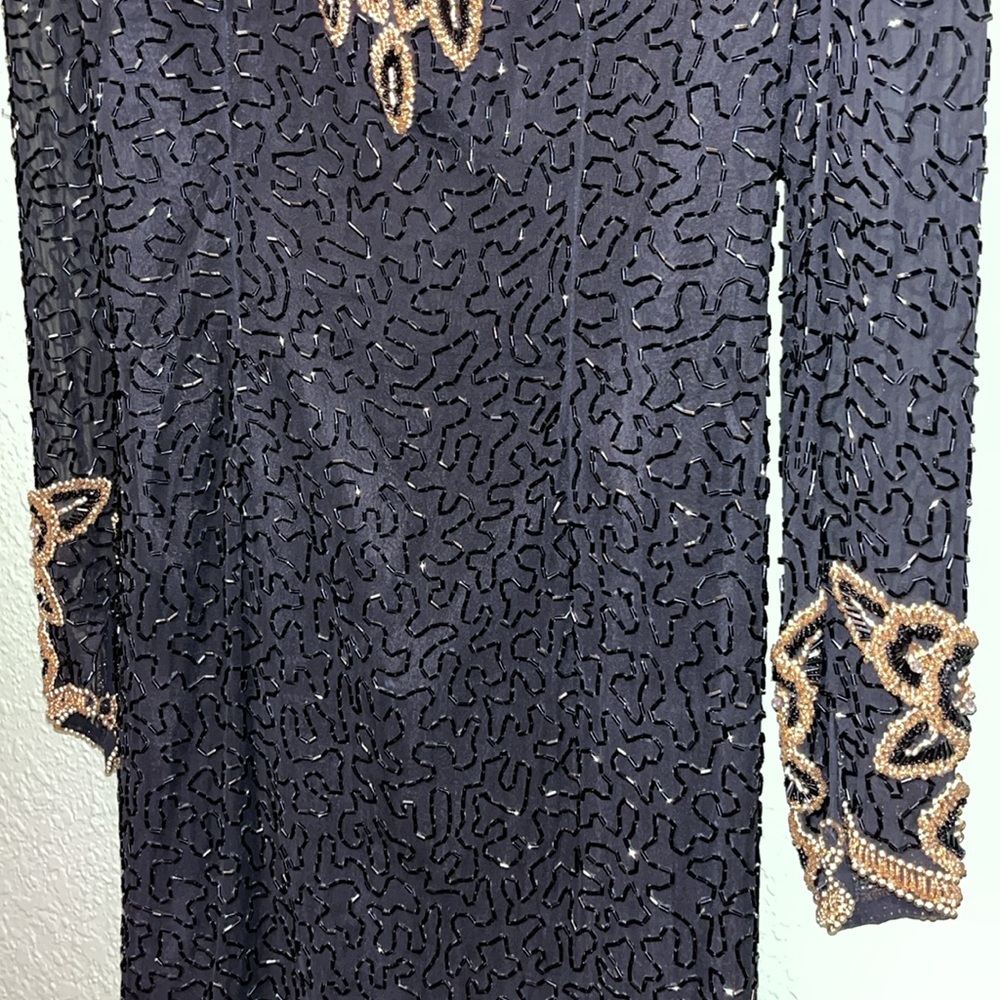 vintage long sleeve heavily beaded black and gold silk dress 70s 80s Morigana - Picture 4 of 8